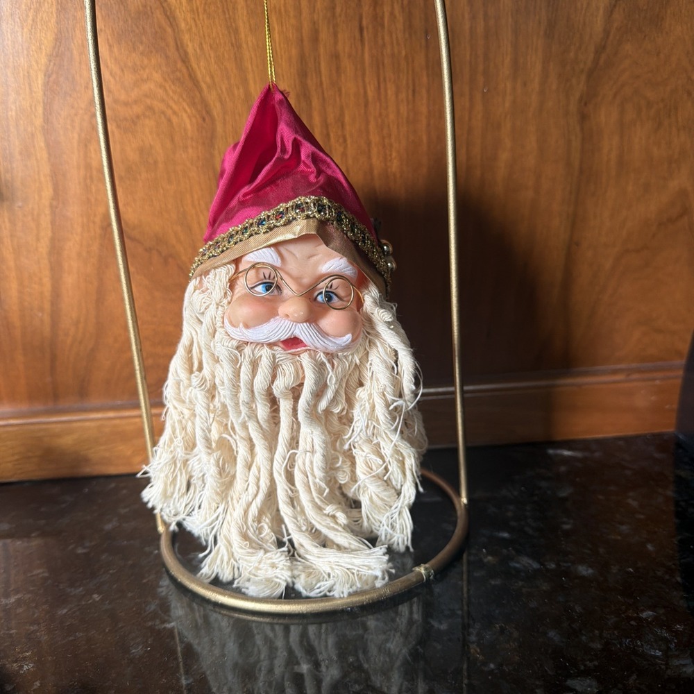 Vintage Large  Head Santa Claus Mop Beard Plastic Face Ornament